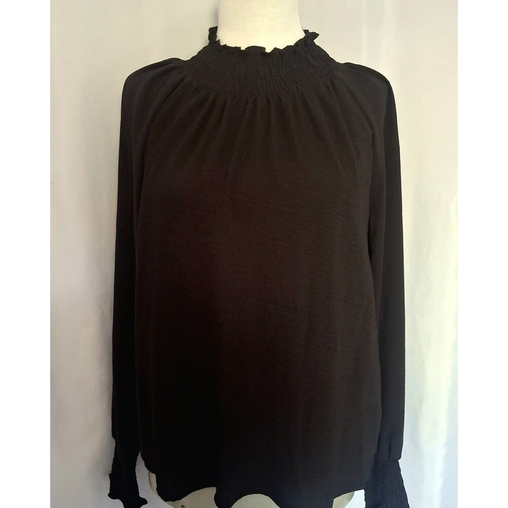 Womens Nine West NWT Black Smocked High  Neck Long Sleeve silky Top Black M